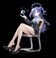  1girl absurdres blue_archive blue_necktie breasts chair halo highres jacket long_hair looking_at_viewer necktie on_chair orini pleated_skirt purple_hair shirt shoes sitting skirt small_breasts solo transparent_background twintails very_long_hair violet_eyes white_shirt yuuka_(blue_archive) 