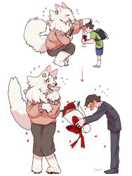  1boy 1girl aged_up animal_feet animal_hands backpack bag black_skirt black_suit blush body_fur bone bouquet brown_hair child claws cocri commentary_request confession dog_girl earrings falling_petals flower full_body furry furry_female furry_with_non-furry headpat hetero highres holding holding_bouquet hoop_earrings interspecies jewelry long_hair neck_fur necklace original petals pink_sweater red_flower red_rose rose sammy_(cocri) short_hair simple_background skirt suit sweater tail white_background white_fur white_hair yuki_(cocri) 