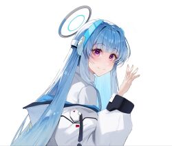  1girl blue_archive blue_halo from_side hair_ornament halo headgear highres jacket josal long_hair looking_at_viewer multicolored_halo noa_(blue_archive) off_shoulder shirt simple_background solo two-tone_halo violet_eyes white_background white_hair white_halo white_jacket white_shirt 