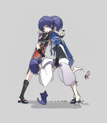  3boys absurdres alalen animalization arm_at_side armor artist_name bar_censor black_bridal_gauntlets black_kimono black_sandals black_sash black_shorts black_sleeves blue_cape blunt_ends bridal_gauntlets brown_sandals cape censored clothing_cutout eyeliner facing_away full_body furisode genshin_impact geta grey_background grey_hair hand_on_another's_stomach highres japanese_armor japanese_clothes juban kariginu kimono kote kurokote layered_sleeves leg_warmers long_sleeves looking_at_animal looking_at_viewer makeup male_focus middle_finger multicolored_hair multiple_boys o-ring pants pelvic_curtain person_and_animalization purple_hair purple_rope purple_sash purple_sleeves red_eyeliner red_kimono red_sash rope sandals sash scaramouche_(cat)_(genshin_impact) scaramouche_(genshin_impact) scaramouche_(kabukimono)_(genshin_impact) shadow shorts side_cape side_cutout single_bare_foot streaked_hair toes tongue tongue_out v wanderer_(genshin_impact) white_kimono white_leg_warmers white_pants white_sleeves white_trim wispy_bangs zouri 