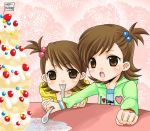  cake food futami_ami futami_mami hair_bobbles hair_ornament holding holding_spoon idolmaster pastry siblings sisters spoon twins 