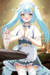  1girl apron aqua_hair blue_bow blue_bowtie blue_dress blush bow bowtie breasts commentary_request cowlick dress faruzan_(genshin_cafe_in_seoul)_(genshin_impact) faruzan_(genshin_impact) food frilled_apron frills fruit genshin_impact green_eyes green_pupils hair_ornament hands_up heart highres hyakuya_iori indoors looking_at_viewer maid maid_headdress medium_breasts official_alternate_costume open_mouth own_hands_together parfait short_sleeves solo strawberry symbol-shaped_pupils thigh-highs triangle-shaped_pupils twintails waist_apron white_apron white_sleeves white_thighhighs white_wrist_cuffs wrist_cuffs x_hair_ornament 