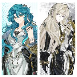  2girls :/ asymmetrical_gloves bare_shoulders black_butterfly black_coat black_dress black_gloves blue_background blue_hair border bug butterfly butterfly_on_hand chinese_commentary closed_mouth coat commentary_request dress fang fang_out gloves green_eyes grey_background grey_hair hair_ornament highres hissabeth long_hair looking_at_viewer lorentz_butterfly mismatched_gloves multiple_girls off_shoulder open_clothes open_coat red_pupils reverse:1999 smile snake snake_on_head strapless strapless_dress violet_eyes white_border white_dress xihua_ovo yellow_gloves 