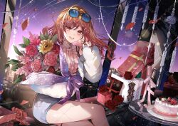  1girl :d absurdres ahoge bouquet box cake center_frills commentary_request crossed_legs eyewear_on_head food frills fur_jacket gift gift_box gold_choker gradient_hair hair_ornament hairclip hand_up highres holding holding_bouquet hololive hololive_dev_is ichijou_ririka ichijou_ririka_(1st_costume) indoors jacket jewelry long_hair looking_at_viewer miniskirt multicolored_hair night official_art open_mouth orange_eyes orange_hair pencil_skirt pink_shirt purple_skirt shirt shirt_tucked_in shunka_tunacan sitting skirt sky sleeveless sleeveless_shirt smile solo star_(sky) starry_sky sunglasses swept_bangs teeth thighlet upper_teeth_only virtual_youtuber watermark watermark_grid white_jacket 