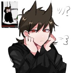  1boy aegyo_sal animification antenna_hair bad_id bad_twitter_id black_hoodie brown_hair commentary drawstring eddsworld flipped_hair hair_ears hands_on_own_face highres hood hood_down hoodie inactive_account inuboshi_m long_sleeves looking_at_viewer male_focus portrait prototype_design puff_of_air red_eyes reference_inset screenshot_inset short_hair simple_background solo tord_(2004)_(eddsworld) tord_(eddsworld) variant_set white_background 