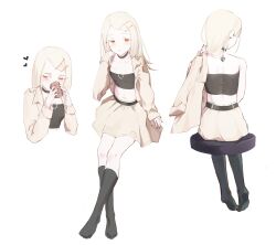  1girl absurdres belt black_belt black_choker black_nails blazer blonde_hair blush brown_skirt choker collarbone colored_eyelashes cup earrings flat_chest flipped_hair foot_dangle from_behind full_body gakuen_idolmaster hair_behind_ear hair_ornament hairclip head_on_hand heart heart_choker heart_ornament highres holding holding_cup holding_unworn_clothes idolmaster invisible_chair jacket jewelry kneehighs long_hair long_sleeves loving_aura lowleg lowleg_skirt midriff multiple_expressions multiple_views navel on_stool open_clothes orange_eyes parallel_hairclips shinosawa_hiro simple_background sitting skirt sleeves_past_wrists socks stool straight-on strapless stud_earrings tube_top upper_body white_background zennyxd 
