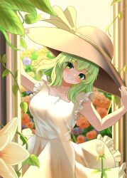  1girl absurdres alternate_costume black_hat blurry blush breasts commentary_request depth_of_field dress flower flower_request green_eyes green_hair grin hands_on_headwear hat hat_ribbon highres k4vqetou koishi_day komeiji_koishi long_hair looking_at_viewer medium_breasts orange_flower orange_rose plant purple_flower purple_rose ribbon rose sleeveless sleeveless_dress smile solo touhou vines white_dress white_flower yellow_flower yellow_ribbon yellow_rose 