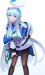  1girl absurdres between_legs black_pantyhose blue_archive blue_necktie blush breasts brown_pantyhose closed_mouth collared_shirt commentary_request feet_out_of_frame grey_hair halo hand_on_own_knee headgear headphones highres id_card jacket large_breasts long_hair long_sleeves looking_at_viewer mechanical_halo millennium_science_school_logo necktie noa_(blue_archive) off_shoulder open_clothes open_jacket pantyhose pleated_skirt shirt sidelocks skirt smile solo suit tongari_kin two-sided_fabric two-sided_jacket very_long_hair violet_eyes white_background white_hair white_halo white_jacket white_shirt white_skirt white_suit 