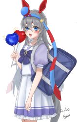  0013kell 1girl absurdres animal_ears bag blue_eyes blue_hairband bow bowtie commentary ear_covers fang grey_hair grey_tail hair_between_eyes hairband headband heart highres horse_ears horse_girl horse_tail long_hair multicolored_hairband open_mouth pleated_skirt puffy_short_sleeves puffy_sleeves purple_bow purple_bowtie purple_shirt red_headband sailor_collar sailor_shirt school_bag school_uniform shirt short_sleeves simple_background skirt smile striped_clothes striped_hairband tail tamamo_cross_(umamusume) teeth tracen_school_uniform two-tone_hairband umamusume very_long_hair white_background white_sailor_collar white_skirt 