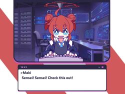  1girl :d absurdres ahoge black_sweater blue_archive blue_eyes blue_jacket blue_necktie collared_shirt commentary computer computer_keyboard double_bun english_commentary english_text hair_bun halo highres jacket katyusha.v maki_(blue_archive) monitor necktie open_clothes open_jacket parody red_halo server server_room shirt smile solo sweater typing video_game_dialogue_box white_shirt yunyun_denpa_syndrome 