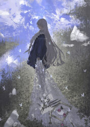  1girl absurdres apple blanket blue_dress blue_sky bug butterfly candle closed_eyes closed_mouth commentary day dress empty_picture_frame flower food frilled_dress frills fruit grey_hair highres holding holding_blanket long_hair original outdoors picture_frame plate sky solo very_long_hair white_flower yuzu_(yuzusuke10) 