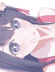  1girl :p blush closed_mouth commentary_request hair_between_eyes hand_up highres hoshino_ai long_hair looking_at_viewer oshi_no_ko purple_hair rayamamami sideways simple_background solo star-shaped_pupils star_(symbol) symbol-shaped_pupils tongue tongue_out v v_over_mouth violet_eyes white_background 