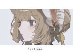  black_bow black_collar blue_eyes bonnet bow brown_hair closed_mouth collar from_side genshin_impact grey_background hair_bow hair_ornament hair_ribbon headdress miyamiyayaaaa portrait ribbon sandrone_(genshin_impact) short_hair_with_long_locks simple_background yellow_ribbon 