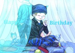  2boys back-to-back ball beanie belt black_bow black_hat black_jacket black_pants black_shirt black_shoes blazer blue_background blue_pants blue_shirt blue_theme bow brown_hair buttons cat cigarette closed_eyes collared_jacket collared_shirt commentary_request crossed_ankles curtains danganronpa_(series) danganronpa_v3:_killing_harmony dress_shoes dual_persona english_text expressionless fake_horns forehead full_body furrowed_brow grey_jacket grey_pants grey_shoes hand_on_lap hands_in_pockets happy_birthday hat head_out_of_frame holding holding_cigarette horned_headwear horns hoshi_ryoma indoors jacket lapels leather leather_jacket light_blush long_sleeves male_focus multiple_boys notched_lapels official_alternate_costume open_clothes open_jacket pants parted_lips plaid_clothes plaid_pants print_headwear prison_clothes racket rug school_uniform shadow shirt shiruko_(mikan4649) shoes short_hair short_male sitting sleeves_past_wrists standing striped_clothes striped_pants striped_shirt studded_belt tennis_ball tennis_racket two-tone_pants two-tone_shirt unmoving_pattern white_shirt zipper zipper_pull_tab 