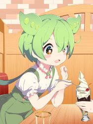  1girl 1other blush_stickers brown_eyes cherry commentary_request cup edamame food fruit green_hair green_shorts heart heart-shaped_pupils highres holding holding_cup holding_spoon ice_cream low_ponytail mushi_gyouza open_mouth pea_pod ponytail puffy_short_sleeves puffy_sleeves short_sleeves shorts smile spoon sundae suspender_shorts suspenders symbol-shaped_pupils voiceroid voicevox zundamon 