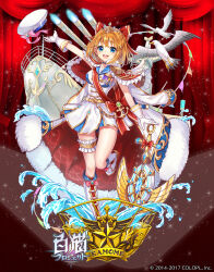  1girl arm_up baizu_(guszx) bird blue_eyes blush boots bow breasts character_name cloak curtains full_body fur-trimmed_cloak fur_trim gloves hair_intakes half_updo hat highres kamome_narumi leg_up lips looking_at_viewer medium_breasts miniskirt official_art official_wallpaper open_mouth orange_hair outstretched_arm red_cloak sailor sailor_hat seagull shironeko_project skirt sleeveless smile solo splatter standing standing_on_one_leg thigh_strap thighs tiara white_gloves 