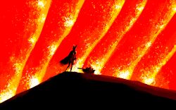  1girl animal_ears cape cart cat_ears cat_girl eico full_body kaenbyou_rin one-hour_drawing_challenge red_background red_theme silhouette solo standing touhou wide_shot 