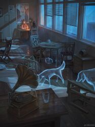  2girls abandoned cafe cat chair commentary cup dog drawer drinking_glass ghost indoors monokubo multiple_girls night original phonograph poster_(object) scenery sitting table twitter_username untranslatable_commentary wide_shot window window_blinds wooden_chair wooden_floor 