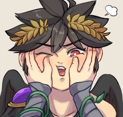  1boy 1girl ahoge azcbcd black_hair blush commentary_request dark_pit grey_background hand_on_another's_face highres kid_icarus kid_icarus_uprising laurel_crown looking_at_viewer one_eye_closed phosphora plant pov pov_hands vines 