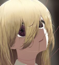  1girl blonde_hair commentary_request crying dark_background hair_between_eyes hair_in_own_mouth highres hoshino_ruby long_hair long_hair_between_eyes looking_at_viewer open_mouth oshi_no_ko pink_eyes portrait rayamamami solo star-shaped_pupils star_(symbol) symbol-shaped_pupils test_me_(oshi_no_ko) thread 