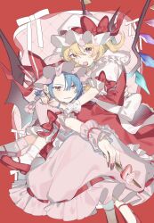  2girls ascot back_bow bat_wings blonde_hair blue_hair bow collared_shirt commentary crystal crystal_wings fang fingernails flandre_scarlet food food_in_mouth fork frilled_shirt_collar frilled_skirt frills fruit hat hat_bow highres holding holding_fork holding_knife hug knife laspberry. long_fingernails looking_at_viewer mary_janes mob_cap multicolored_wings multiple_girls one_side_up open_mouth pink_hat pink_shirt pink_skirt pink_wrist_cuffs red_background red_bow red_eyes red_nails red_shoes red_skirt red_vest remilia_scarlet ribbon-trimmed_skirt ribbon_trim shirt shoes siblings sisters skin_fang skirt skirt_set sleeve_bow smile strawberry strawberry_slice touhou untranslatable_commentary vest white_bow white_hat white_shirt white_wrist_cuffs wings wrist_cuffs yellow_ascot 