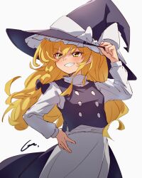  1girl absurdres adjusting_clothes adjusting_headwear black_hat black_vest blonde_hair breasts commentary grin hair_between_eyes hand_on_own_hip hand_up hat highres kaifang.com kirisame_marisa long_hair shirt simple_background smile solo teeth touhou vest white_background white_shirt witch_hat yellow_eyes 