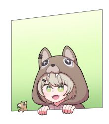 +_+ 1girl animal_ears animal_hood border commentary_request fangs green_background green_eyes hair_ornament hairclip hh highres hood hood_up hoodie open_mouth smile solo viichan virtual_youtuber waktaverse white_border 