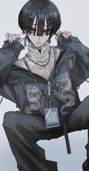  1boy absurdres black_choker black_hair black_hoodie black_nails black_pants blue_eyes chain chain_necklace chinese_clothes chinese_text choker dragon_print ear_piercing earrings eyelashes eyes_visible_through_hair face_piercing fingernails grey_background hair_between_eyes hair_ornament hairclip highres hood hood_down hoodie invisible_chair jewelry long_fingernails long_sleeves mandarin_collar mouth_piercing necklace original pants parted_lips partially_unzipped piercing satoinu111 short_hair simple_background single_earring sitting solo sweat tassel_earring x_hair_ornament 