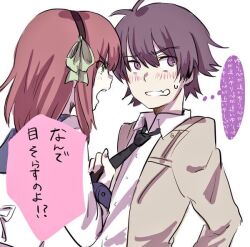  1boy 1girl angel_beats! antenna_hair black_hairband black_necktie blue_sailor_collar blush bow clothes_grab collared_shirt commentary_request eyes_visible_through_hair fang green_bow hair_between_eyes hair_bow hairband hand_up hetero jacket looking_at_another medium_hair nakamura_yuri necktie necktie_grab neckwear_grab negiko123123 noda_(angel_beats!) open_clothes open_jacket open_mouth purple_hair red_hair sailor_collar sailor_shirt shinda_sekai_sensen_uniform shirt short_hair sidelocks simple_background skin_fang smile speech_bubble spiky_hair sweatdrop thought_bubble translation_request upper_body v-shaped_eyebrows violet_eyes white_background white_shirt yellow_jacket 