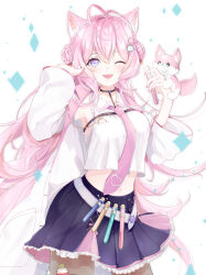  1girl absurdres ahoge animal animal_ear_fluff animal_ears belt black_choker black_skirt blue_eyes blush braid breasts choker clenched_hands commentary_request crop_top crown_braid embarrassed fingernails frilled_skirt frills hair_between_eyes hakui_koyori hakui_koyori_(1st_costume) heart hexagram_hair_ornament highres hololive kokoro_(hakui_koyori) lab_coat long_hair long_sleeves looking_at_viewer medium_breasts midriff monyo0303 nail_polish necktie one_eye_closed open_mouth pink_hair pink_nails pink_necktie skirt smile solo tail virtual_youtuber wide_sleeves wolf_ears wolf_girl wolf_tail 