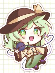  1girl black_boots black_hat boots bow buttons chibi chibi_only collared_shirt commentary_request diamond_button disembodied_linked_eye eyeball frilled_shirt_collar frilled_sleeves frills green_eyes green_hair green_skirt grid_background hat hat_bow illust_atelier3 komeiji_koishi long_sleeves looking_at_viewer one-hour_drawing_challenge open_mouth outline shirt signature skirt smile solo touhou white_outline wide_sleeves yellow_bow yellow_shirt 