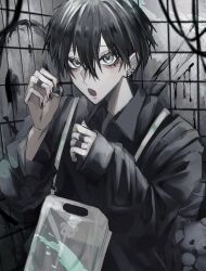  1boy animal_charm bandaid bandaid_on_finger bandaid_on_hand black_hair black_nails black_shirt charm_(object) collared_shirt double-parted_bangs ear_piercing eyelashes fingernails graffiti green_eyes hair_between_eyes hands_up highres long_sleeves open_mouth original piercing satoinu111 shirt short_hair sleeves_past_wrists solo tile_wall tiles upper_body 