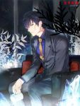  1boy black_hair cup formal highres ice kekkai_sensen km_(kyoma0) mug necktie scar short_hair steven_a._starphase suit 