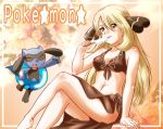  1girl bare_legs bikini black_bikini blonde_hair brown_eyes copyright_name crossed_legs food front-tie_top hair_between_eyes hair_ornament hikari_(mitsu_honey) ice_cream licking long_hair navel pokemon pokemon_(creature) pokemon_(game) pokemon_dppt popsicle riolu sarong shirona_(pokemon) side-tie_bikini solo_focus swimsuit 