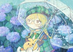  1girl blonde_hair braid commission flower glasses green_hat hat highres holding holding_umbrella hydrangea long_hair mamei_mema original outdoors plaid_hat purple_flower rain skeb_commission solo transparent transparent_umbrella twin_braids umbrella upper_body 