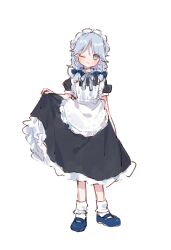  1girl :3 apron black_dress blue_bow blue_bowtie blue_shoes blush bow bowtie braid closed_mouth commentary_request dress full_body grey_eyes grey_hair hair_bow highres holding_own_dress izayoi_sakuya long_hair looking_at_viewer maid maid_apron maid_headdress mary_janes nig_18 one_eye_closed puffy_short_sleeves puffy_sleeves shoes short_sleeves simple_background smile socks solo touhou twin_braids white_apron white_background white_socks 