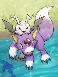  antennae bat_wings brown_eyes claws digimon digimon_(creature) dorumon forehead_jewel gem highres looking_at_viewer morgannox no_humans open_mouth purple_fur red_gem sharp_teeth tail teeth tokomon two-tone_fur water white_fur wings 