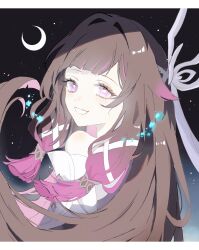  1girl bare_shoulders black_hair columbina_(genshin_impact) commentary_request crescent_moon dress from_behind genshin_impact hair_ornament hair_ribbon head_wings highres long_hair miyamiyayaaaa moon multicolored_hair multiple_wings night purple_hair purple_streaks ribbon smile solo streaked_hair two-tone_hair upper_body very_long_hair violet_eyes white_dress white_wings wing_hair_ornament wings 