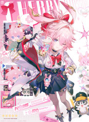  1girl absurdres animal_ears asymmetrical_gloves black_boots black_choker black_gloves black_skirt boots bow bowtie brown_pantyhose chinese_commentary choker closed_mouth commentary_request cup disposable_cup evanescia_(honkai:_star_rail) fingerless_gloves fox_ears fox_girl from_above gloves hand_on_own_hip hand_up highres holding holding_cup honkai:_star_rail honkai_(series) jacket long_sleeves looking_at_viewer mismatched_gloves one_eye_closed pantyhose pink_hair pleated_skirt red_bow red_bowtie shirt short_hair_with_long_locks skirt smile standing white_gloves white_jacket white_shirt wide_sleeves ying_zhang29708 