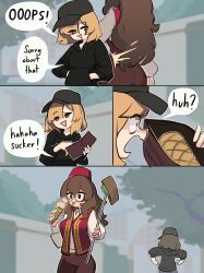  2girls absurdres banknote black_hat black_hoodie blonde_hair blurry blurry_background brown_hair brown_pants bumping centurii-chan commentary counter denim eating english_commentary fez_hat food hat highres holding holding_ice_cream_cone hood hoodie ice_cream ice_cream_cone jeans long_hair money multiple_girls open_mouth original outdoors pants pickpocket round_eyewear short_hair smug surprised tall_female theft tree turkish_clothes wallet 