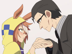  1boy 1girl animal_ears black-framed_eyewear black_hair black_jacket black_necktie blush brown_eyes brown_hair closed_mouth collared_shirt commentary_request dicta_striker_(umamusume) ears_through_headwear eye_contact from_side glasses grey_background grey_shirt hand_grab highres ho_1000_ka hood hood_up hooded_jacket horse_ears jacket kouchi_tadashi long_sleeves looking_at_another multicolored_hair necktie over-rim_eyewear profile puffy_long_sleeves puffy_sleeves semi-rimless_eyewear shirt simple_background small_sweatdrop streaked_hair striped_clothes striped_shirt sweat umamusume umamusume:_cinderella_gray upper_body vertical-striped_clothes vertical-striped_shirt white_hair yellow_jacket 