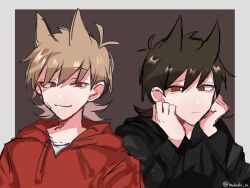  2boys aegyo_sal animification antenna_hair artist_name bad_id bad_twitter_id bandage_on_cheek black_hoodie border brown_background brown_hair commentary_request drawstring dual_persona eddsworld flipped_hair hair_behind_ear hair_ears hands_on_own_face hood hood_down hoodie inactive_account inuboshi_m long_sleeves looking_at_viewer male_focus multiple_boys portrait prototype_design red_eyes red_hoodie short_hair simple_background smile tord_(2004)_(eddsworld) tord_(eddsworld) variant_set white_border 