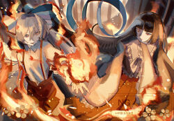  2girls absurdres blunt_bangs bow closed_mouth collared_shirt commentary_request cowboy_shot embers fire floating_hair fujiwara_no_mokou grey_hair hair_bow hand_up highres houraisan_kaguya long_hair long_sleeves looking_at_another multiple_girls multiple_hair_bows neruko_(piano00324) orange_theme pants parted_lips pyrokinesis shirt skirt sleeves_past_fingers sleeves_past_wrists smile suspenders touhou warm_colored wide_sleeves 
