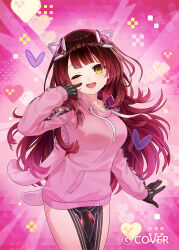  1girl :d ;d alt_text animal_ear_hood animal_hood brown_hair camouflage commentary_request copyright_notice cowboy_shot finger_to_cheek gradient_hair hair_ornament heart hololive hood hood_down hoodie long_hair long_sleeves looking_at_viewer mechanical_arms mechanical_legs multicolored_hair official_art one_eye_closed open_mouth pink_background pink_hoodie pointing pointing_at_self rabbit_hood red_hair roboco-san roboco-san_(hoodie) sleeves_past_wrists smile solo two-tone_hair umieekaki virtual_youtuber wavy_hair yellow_eyes 