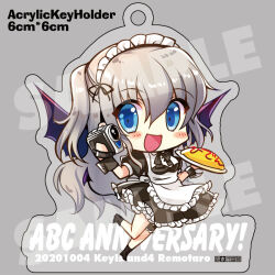  1girl :d alternate_costume apron black_bow black_bowtie black_dress blue_eyes blush_stickers bow bowtie camera charlotte_(anime) chibi chibi_only commentary_request demon_girl demon_tail demon_wings dress dual_wielding enmaided eyes_visible_through_hair food frilled_apron frilled_dress frilled_thigh_strap frills full_body grey_background grey_hair hair_between_eyes holding holding_camera holding_food knees_together_feet_apart long_hair looking_at_viewer maid maid_apron maid_headdress omelet omurice open_mouth puffy_short_sleeves puffy_sleeves remotaro short_sleeves sidelocks simple_background smile solo standing standing_on_one_leg tail thigh_strap tomori_nao two_side_up very_long_hair white_apron wings 