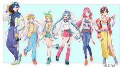  2boys 4girls :d aqua_eyes aqua_hair aqua_shoes arched_bangs bandaid bandaid_on_leg belt black-framed_eyewear black_belt black_hairband black_shoes blonde_hair blue_eyes blue_hair blue_pants blue_shirt blue_shoes bow bow_hairband braid brown_eyes brown_hair charm_(object) commentary_request company_name copyright_notice denim dolustoy earrings full_body green_bow hair_between_eyes hair_ornament hairband hairclip hatsune_miku headphones headphones_around_neck jacket jeans jewelry kagamine_len kagamine_rin kaito_(vocaloid) leg_warmers lightning_bolt_symbol long_hair long_sleeves medium_hair megurine_luka meiko_(vocaloid) multicolored_hair multiple_boys multiple_girls official_art open_clothes open_jacket orange_belt orange_shoes outline pants pin pink_belt pink_hair pink_leg_warmers pink_shorts puffy_long_sleeves puffy_sleeves red_belt red_jacket shirt shoelaces shoes short_hair shorts side_slit skirt sleeves_past_wrists smile standing streaked_hair striped_clothes striped_shirt tinted_eyewear toes tongue torn_clothes torn_shirt triangle triangle_earrings twin_braids vocaloid white_jacket white_outline white_shirt white_shoes yellow_shirt yellow_skirt 