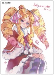  1girl arched_crown beatrice_(re:zero) blonde_hair blue_eyes butterfly-shaped_pupils capelet closed_mouth cowboy_shot crown drawn_flower dress drill_hair drill_sidelocks english_text forehead fur-trimmed_capelet fur_trim hands_on_own_knees long_hair long_sidelocks long_sleeves looking_at_viewer middle_part mini_crown pantyhose parted_bangs pink_pupils pom_pom_(clothes) purple_pantyhose re:zero_kara_hajimeru_isekai_seikatsu red_capelet red_dress sidelocks simple_background sitting sleeves_past_wrists solo striped_clothes striped_pantyhose symbol-shaped_pupils twin_drills white_background wide_sleeves xinhongo-o 