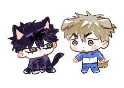  2boys @_@ animal_ears black_hair brown_eyes brown_hair cat_boy cat_ears cat_tail chibi chibi_only choi_jongsu commentary_request dog_boy dog_ears dog_tail eye_contact garbage_time highres kemonomimi_mode ki_sangho korean_commentary looking_at_another male_focus messy_hair mole mole_under_eye multiple_boys sengwaa simple_background sketch tail track_suit white_background yellow_eyes 