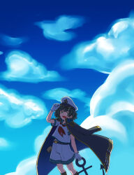  1girl :d absurdres anchor anchor_symbol backlighting belt black_belt black_coat black_hair black_socks blue_sky clouds coat coat_on_shoulders commentary_request cowboy_shot gloves gold_trim green_eyes hand_on_headwear highres hishaku looking_at_viewer midriff_peek murai_nagisa murasa_minamitsu open_mouth shirt short_hair short_sleeves shorts sky smile socks solo touhou white_gloves white_shirt white_shorts wind 