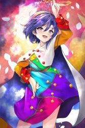  1girl :d arm_up aura bag belt blush breasts brown_bag brown_belt buttons cape cloud_print colorful_background commentary dot_nose dress eyelashes hair_between_eyes hairband highres long_sleeves looking_at_viewer medium_breasts multicolored_dress multicolored_hairband open_mouth orchid_(orukido) patchwork_clothes petals pointing pointing_down pointing_up purple_background purple_dress purple_hair rainbow_gradient short_hair sky_print smile solo standing tenkyuu_chimata tenkyuu_chimata_pose tongue touhou two-sided_cape two-sided_fabric violet_eyes white_cape 